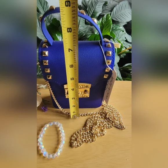 LA MIEL True Blue and Gold Studded Crossbody Bag & Rainbow Moonstone Bracelet. - Picture 9 of 12